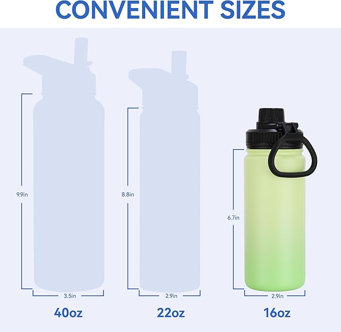 DOMICARE 16 oz Water Bottle Stainless Steel Double Wall Vacuum Insulated Water Bottle with Straw lids & Spout Lid, Leakproof