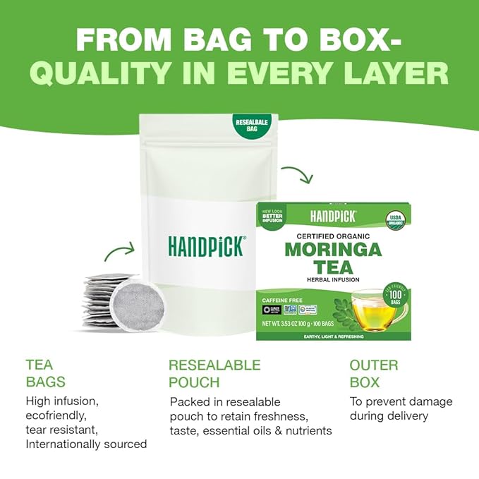 HANDPICK, Organic Moringa Tea Bags (100 Count), Pure Moringa Leaves | Authentic Indian Origin | Caffeine Free, Non GMO | Earthy, Light & Refreshing | Round Eco-conscious Teabags