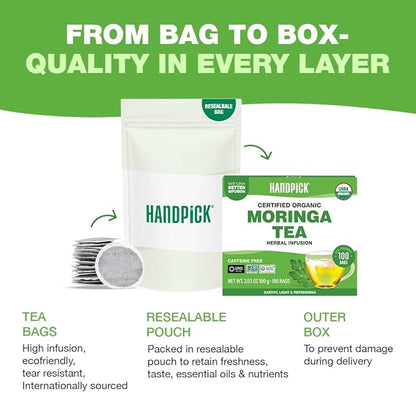 HANDPICK, Organic Moringa Tea Bags (100 Count), Pure Moringa Leaves | Authentic Indian Origin | Caffeine Free, Non GMO | Earthy, Light & Refreshing | Round Eco-conscious Teabags
