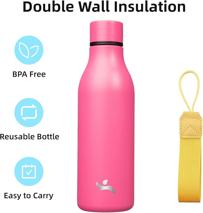 Insulated Water Bottle with Strap,18 oz Double Wall Stainless Steel Vacuum Bottles Metal Water Flask,Pink