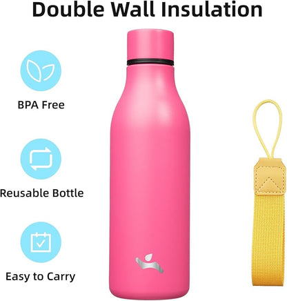 Insulated Water Bottle with Strap,18 oz Double Wall Stainless Steel Vacuum Bottles Metal Water Flask,Pink