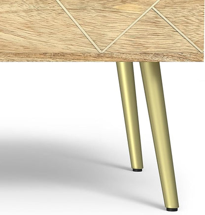 SIMPLIHOME Jager Lift Top Coffee Table - 36 inch Wide Solid Mango Wood Contemporary Modern Cocktail Table in Natural, Stylish Living Room Table with Hidden Storage, Brass Inlay, and Gold Metal Legs