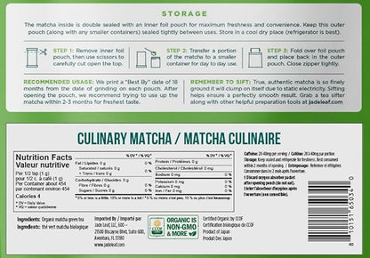 Jade Leaf Matcha Organic Culinary Grade Green Tea Powder - Farm Direct Second Harvest for Blending and Cooking - Authentic Japanese Origin (1 Pound Bulk Resealble Pouch)