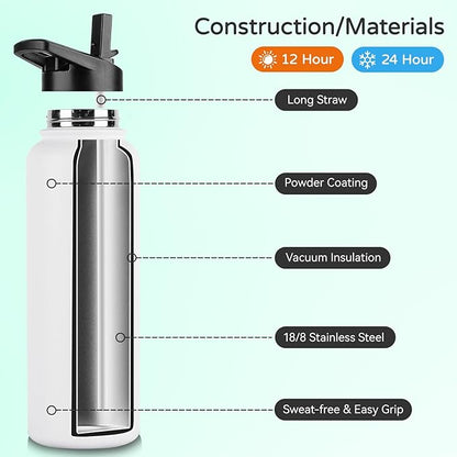 DOMICARE 40 oz Insulated Water Bottle, Vacuum Insulated Stainless Steel Sports Water Bottle with Straw Lid & Spout Lid, Leakproof, Reusable - Travel, Camping, Bike, White