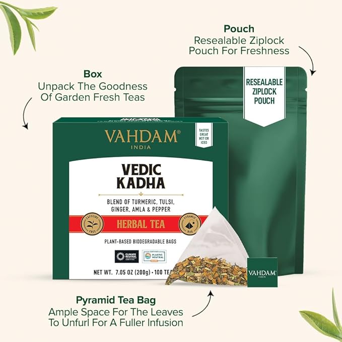 VAHDAM, Vedic Kadha Herbal Tea Bags (100 Ct) Caffeine Free, 100% Real Ingredients - Turmeric, Black Pepper, Amla, Tulsi, Ginger, Cloves | Pure Herbal Tisane - Earthy, Savory | Resealable Ziplock Pouch
