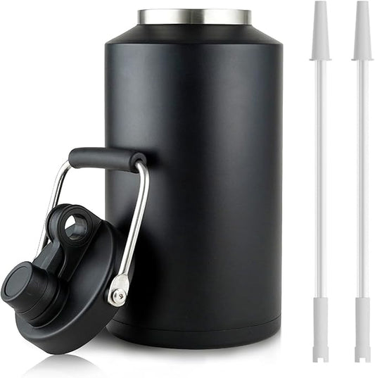 1 Gallon Water Jug Bottle Insulated with Straw, 128oz Stainless Steel Water Bottle Wide Mouth Double Vacuum Dishwasher Safe BPA Free for Hot & Cold Drinks Black