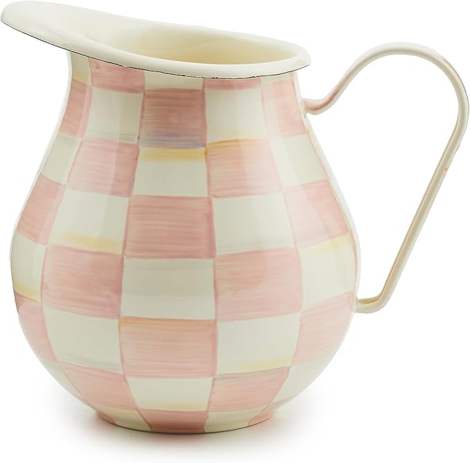 MACKENZIE-CHILDS Enamel Pitcher with Spout for Water, Cut Flowers, and Home Decor, 3 Quarts, Pink-and-White Rosy Check
