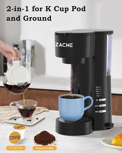 Single Serve Coffee Maker for K Cups&Ground Coffee with Milk Frother, 3 in 1 Small Single Cup Coffee Machine, 28oz Water Thank, 6 to 14 oz Brew Sizes