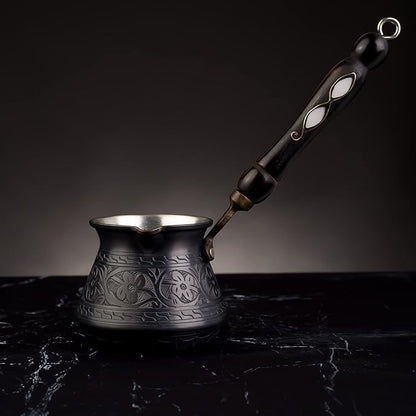 BCS 12 Oz Copper Turkish Greek Arabic Coffee Pot with Wooden Handle (4 servings) Cezve Ibrik Briki Stovetop Coffee Maker (Includes Wooden Spoon)