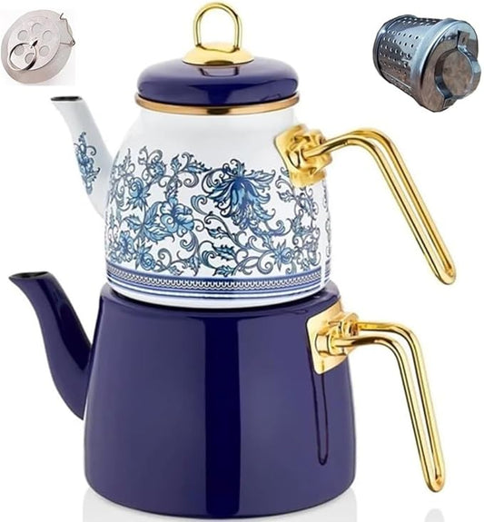 Vintage Turkish Teapot Tea Pots Kettle Set for Stovetop Stove Top Decorative Infuser Party Cups Glasses Floral Unique Boiler Samovar Strainer Loose Leaf Kitchen Style Enamel Decor (White-Blue)