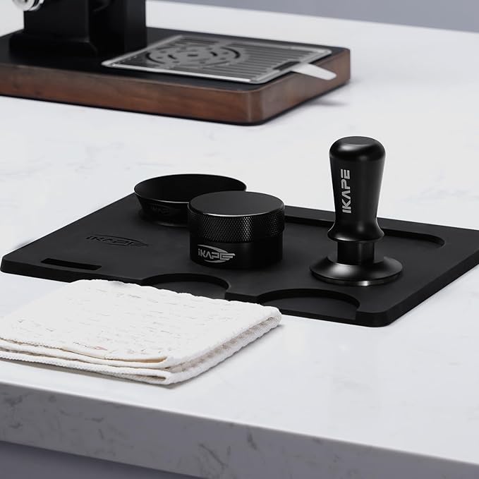 IKAPE 58MM Espresso Tamper Kit Black 6 IN 1, Coffee Tamper Set Including Tamper, Distributor, Magnetic Dosing Funnel, Silicone Mat, Puck Screen, and Cleaning Towel