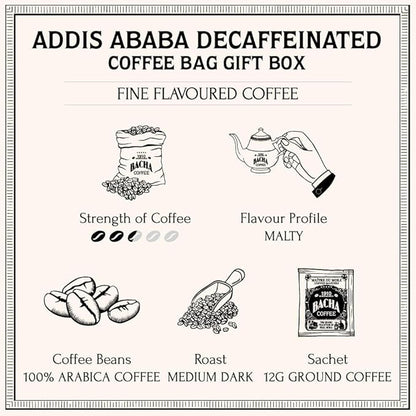 Bacha Coffee | Addis Ababa Decaffeinated Fine Flavoured, 100% Arabica Specialty Coffee Beans, Medium Roast, x12 Individually Wrapped Single Serve Filter Bags