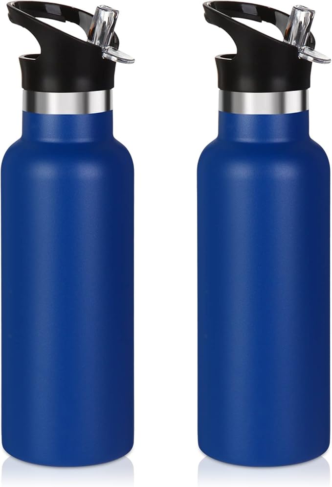 Volhoply 17oz Insulated Water Bottle Bulk 2 Pack,Stainless Steel Kids Water Bottles with Straw Lid,Double Wall Vacuum Metal Water Bottle,Reusable Sports School Flask Keep Cold (Navy,2 Set)