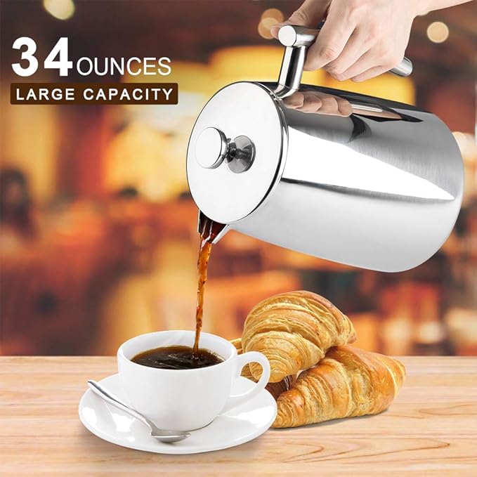 Secura French Press Coffee Maker, 34-Ounce, 304 Stainless Steel Insulated Coffee Press with Extra ScreenSecura French Press Coffee Maker, 34-Ounce, 304 Stainless Steel Insulated Coffee Press with Extra Screen