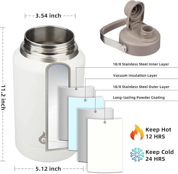 BJPKPK 64oz Insulated Water Bottles, Dishwasher Safe Half gallon Water Bottle with Metal Handle, BPA Free Spout Lid & Detachable Bowl, Large Stainless Steel Jugs, Milky White