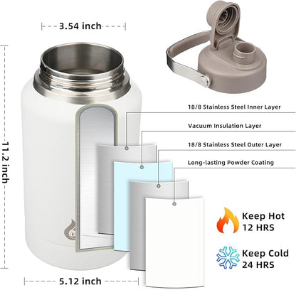 BJPKPK 64oz Insulated Water Bottles, Dishwasher Safe Half gallon Water Bottle with Metal Handle, BPA Free Spout Lid & Detachable Bowl, Large Stainless Steel Jugs, Milky White