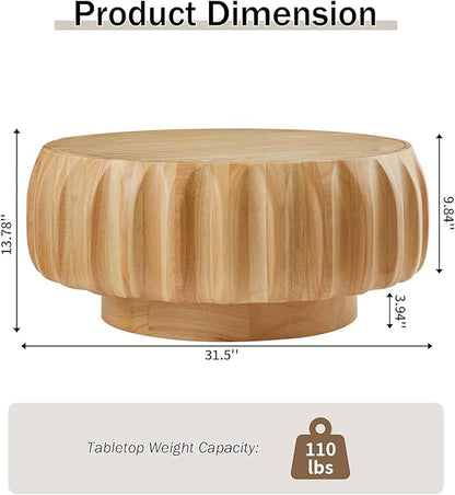 31.5" Round Coffee Table Drum Table Contemporary Wood Fluted Centry Table with Solid Wood Veneer for Living Room (Natural)