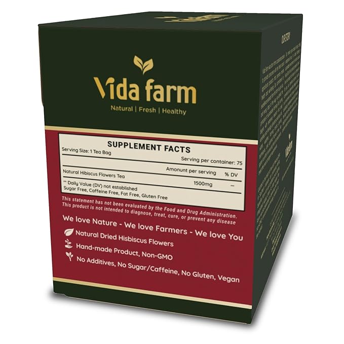 VIDA FARM 75 Hibiscus Tea Bags, Natural Dried Hibiscus Flowers Tea Bags, Roselle Hibiscus Sorrel Tea Jamaica Roselle Tea, No Sugar, No Caffeine, No Gluten