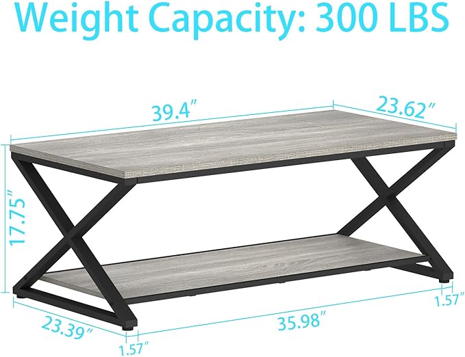 HSH Rustic Grey Coffee Table, Modern Minimalist Living Room Table with Storage Shelf, Industrial Simple Metal Wooden Center Table, 2 Tier Rectangle Cocktail Tea for Home Office Bedroom, 39 Inch