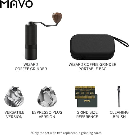 MAVO Manual Coffee Grinder, Wizard Hand Coffee Grinder, Capacity 25g with 2PCS CNC Stainless Steel Conical Burr -Pentagon and Hexagonal, Burr Coffee Bean Grinder for French Press, Pour Over, Black