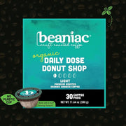 beaniac Organic Daily Dose Donut Shop, Light Roast, Single Serve Compostable K Cup Coffee Pods, Organic Arabica Coffee, Keurig Brewer Compatible, 30 Count
