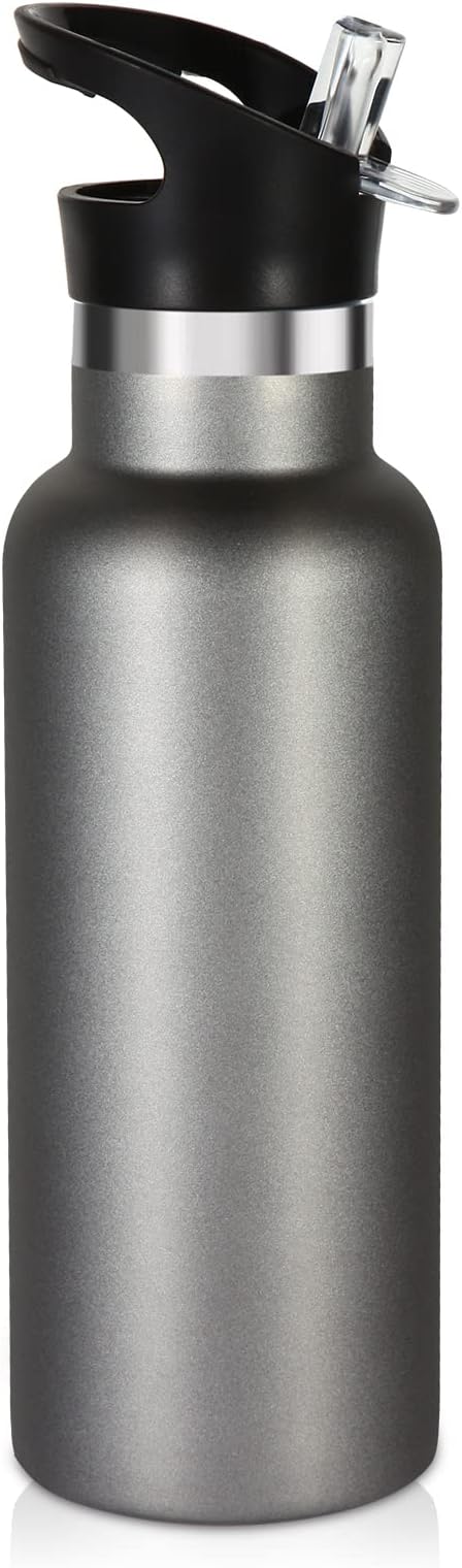 Volhoply 17oz Kids Insulated Water Bottle,Stainless Steel Water Bottles with Straw Lid,Double Wall Vacuum Metal Cups Water Bottle,Reusable Sports School Water Flask Keep Hot & Cold (Cold Grey,1 Set)