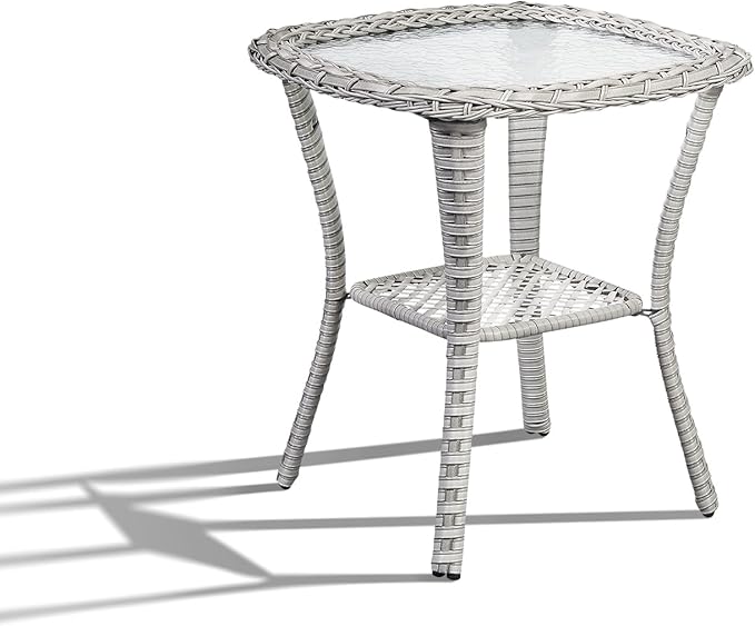 Patio Wicker Side Table, Outdoor PE Rattan End Table with 5mm Tempered Glass Top and 2-Tier Storage Shelf, 20" Square Coffee Table for Deck Porch Garden Backyard-Light Grey