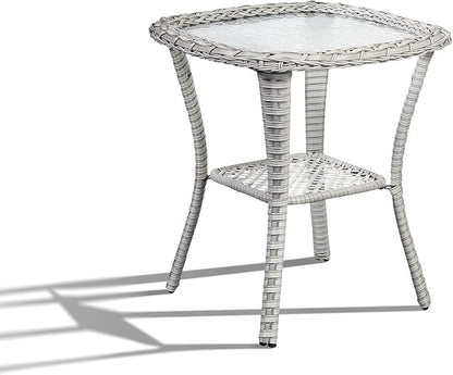 Patio Wicker Side Table, Outdoor PE Rattan End Table with 5mm Tempered Glass Top and 2-Tier Storage Shelf, 20" Square Coffee Table for Deck Porch Garden Backyard-Light Grey