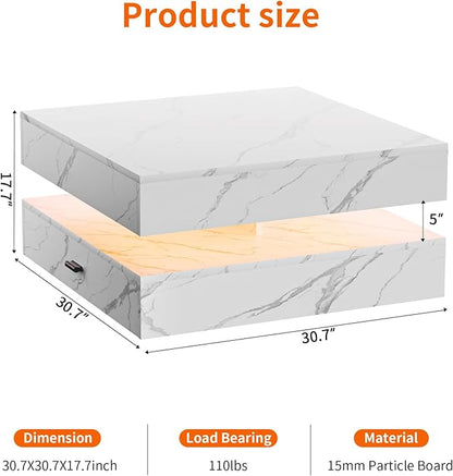 LED Coffee Table for Living Room, 2-Tier Living Room Table Square Center Table, Modern Coffee Tables with Storage, Middle Wooden Tea Tables for Home Office (Marble)