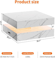 LED Coffee Table for Living Room, 2-Tier Living Room Table Square Center Table, Modern Coffee Tables with Storage, Middle Wooden Tea Tables for Home Office (Marble)