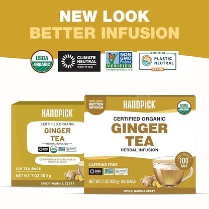 HANDPICK, Organic Ginger Tea Bags (100 Herbal Tea Bags), Authentic Indian Origin, Caffeine Free & 100% Pure Ginger Root |Soothing & Spicy Blend | Round Eco Conscious Teabags