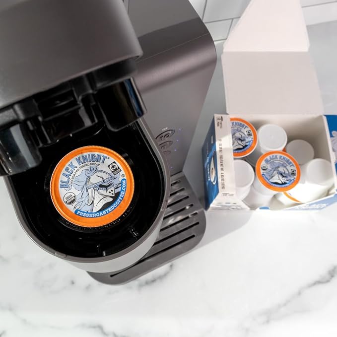 Fresh Roasted Coffee, Organic Black Knight Water-Processed Decaf | USDA Organic, Kosher | Dark Roast | 24 Pods for K Cup Brewers