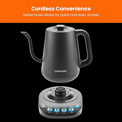 Chefman TrueTemp Precision Control Gooseneck Kettle, Internal Custom Temperature Control and 6 One-Touch Presets, Boil-Dry Protection Auto Shut-Off for Safety, For Pour Over Coffee and Tea, Black
