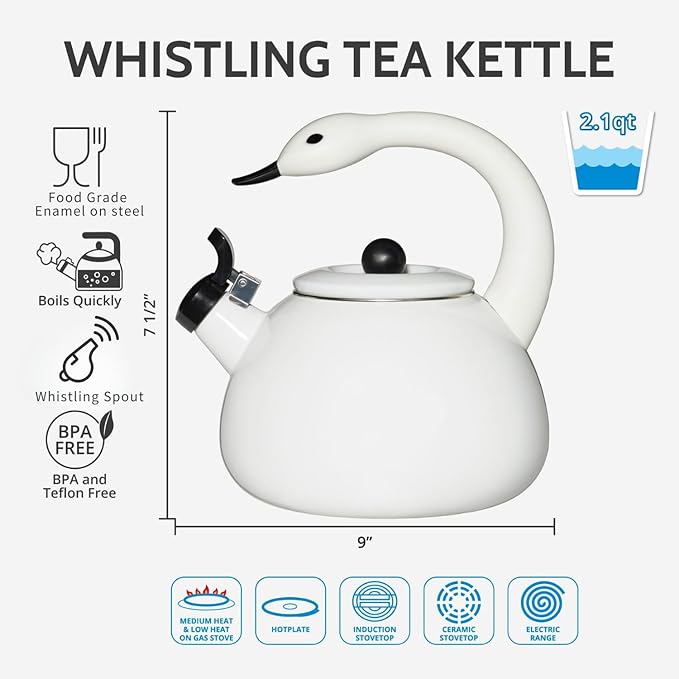 Whistling Tea Kettle for Stove Top Enamel on Steel Teakettle, Supreme Housewares White Swan Design Teapot Water Kettle Cute Kitchen Accessories Teteras (2.1 Quart, Swan)