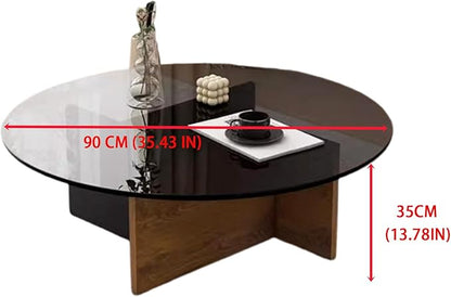 EASYSOUL Modern Round Glass Coffee Table with Wood Base for Living Room, 35.43" D x 35.43" W x 13.78" H, Mid Century Circular Center Coffee Tables with Tempered Glass Top (Walnut-Grey Glass/35.43 ")
