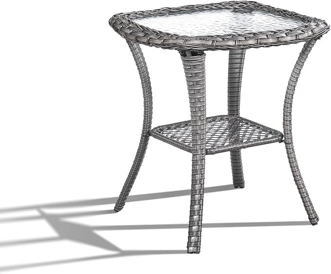 Patio Wicker Side Table, Outdoor PE Rattan End Table with 5mm Tempered Glass Top and 2-Tier Storage Shelf, 20" Square Coffee Table for Deck Porch Garden Backyard-Grey