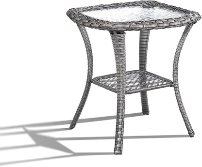 Patio Wicker Side Table, Outdoor PE Rattan End Table with 5mm Tempered Glass Top and 2-Tier Storage Shelf, 20" Square Coffee Table for Deck Porch Garden Backyard-Grey