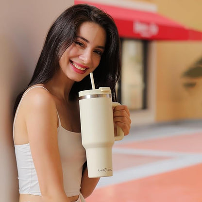 40oz Tumbler with Handle,Double Wall Vacuum Reusable Stainless Steel Insulated Water Bottle,With Leak Proof lid and Straw for Iced or Cold Beverages (Beige)