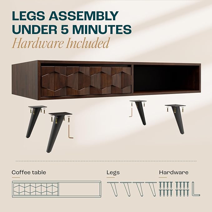 Bme Georgina Solid Wood Coffee Tables for Living Room, Coffee Table Mid Century Modern with 2 Symmetrical Storage Drawers & Geometric Details, Fully Assembled Center Table, Walnut