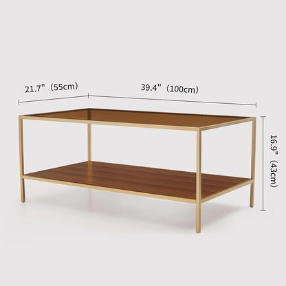 Glass Coffee Table for Living Room and Bedroom, 2-Tier Mid-Century Modern Table with Amber Tempered Glass Top and Walnut Finish Wood Shelf, Metal Legs with Gold Finish