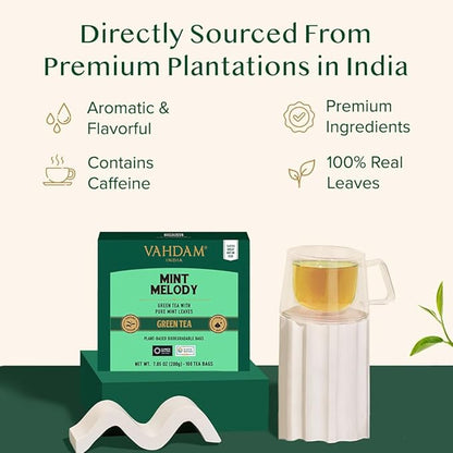 VAHDAM, Mint Green Tea Bags (100 Count) 100% Pure Leaf Tea, High Grown, Low Caffeine, Non GMO, Gluten Free | Plant-Based Pyramid Tea Bags | Direct from Source