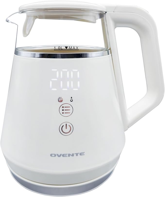 OVENTE Electric Kettle with 5 Temperature Control Presets, LED Digital Display, 5Hr Keep Warm Function, Auto Shut-Off and Boil Dry Protection, 1500W BPA Free Glass Water Heater and Boiler, White KD95W