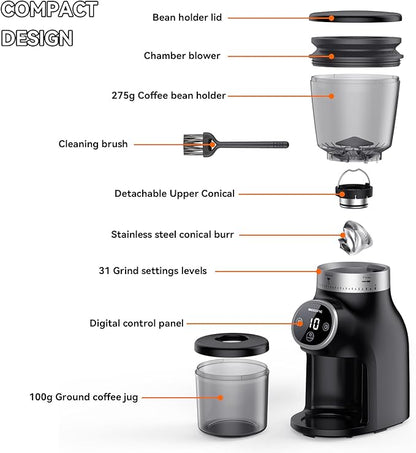 Coffee Grinder Electric with Precision Timer, Adjustable Burr Mill with 31 Precise Settings, Coffee Been Grinder for Home Use, for Espresso and Turkish Coffee, Drip and French Press, Black