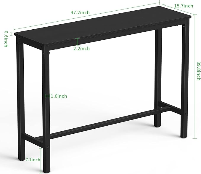Mr IRONSTONE Bar Table, 47" Pub High Top Rectangular Height Sofa Console Dining Coffee Table, for Narrow Space, Living Room, Sturdy Metal Frame, Easy to Set Up, Black