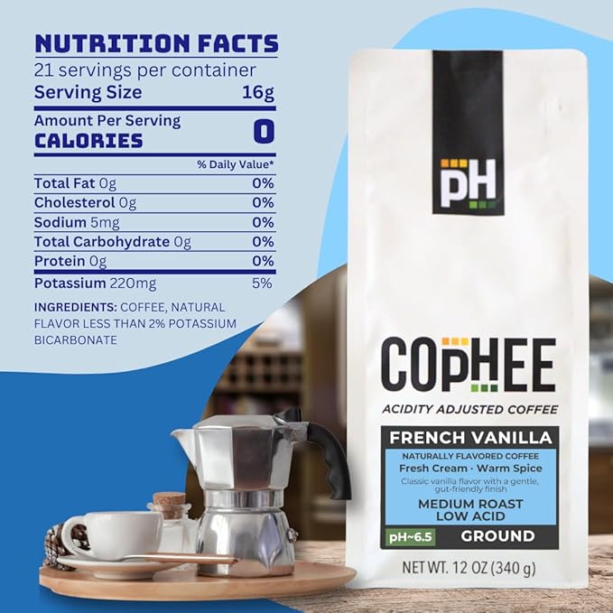 Low Acid Coffee – French Vanilla – Ground Medium Roast – Smooth Non-GMO Arabica Coffee – Electrolyte Infused for Sensitive Stomachs, Acid Reflux, and Heartburn ~pH 6.5 – 12 oz bag by COpHEE