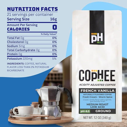 Low Acid Coffee – French Vanilla – Ground Medium Roast – Smooth Non-GMO Arabica Coffee – Electrolyte Infused for Sensitive Stomachs, Acid Reflux, and Heartburn ~pH 6.5 – 12 oz bag by COpHEE