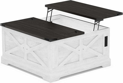 LAUSAINT HOME Farmhouse Lift-Top Coffee Table with Large Hidden Storage Compartment, Wood Square Center Table with Lifting Top for Living Room, Home Office, White