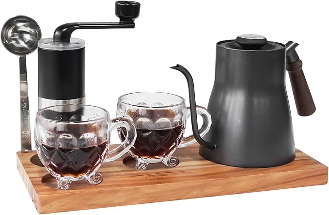 SOTECH Portable Coffee Maker Set Tea Set And Tray; Manual Grinder; Stainless Steel Scoop & 2 Glass Cups and Wooden Tray