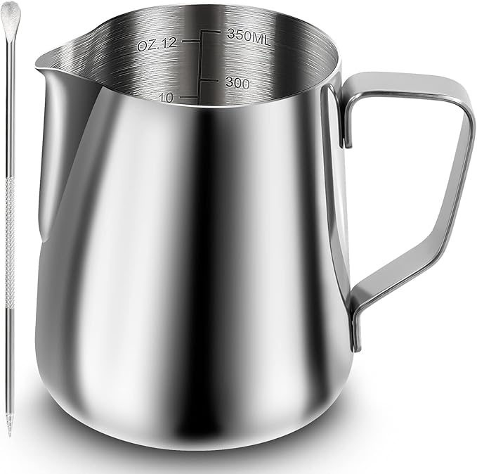 Milk Frothing Pitcher, Espresso Steaming Pitcher 12oz,Espresso Machine Accessories,Stainless Steel Milk Coffee Cappuccino Barista Steam Pitchers Milk Jug Cup with Decorating Pen Latte Art