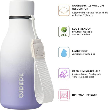 BJPKPK Insulated Water Bottles, 12oz Stainless Steel Metal Water Bottle with Strap, BPA Free Leak Proof Jugs, Mugs, Flasks, Reusable Thermal Flasks for Sports & Travel, Lilac Elegance